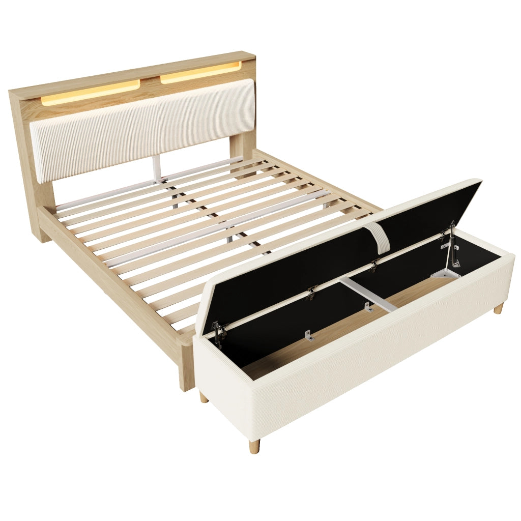 Letto matrimoniale 140×200 cm con LED; testiera con ripiano e panca contenitore; materasso incluso; legno; beige