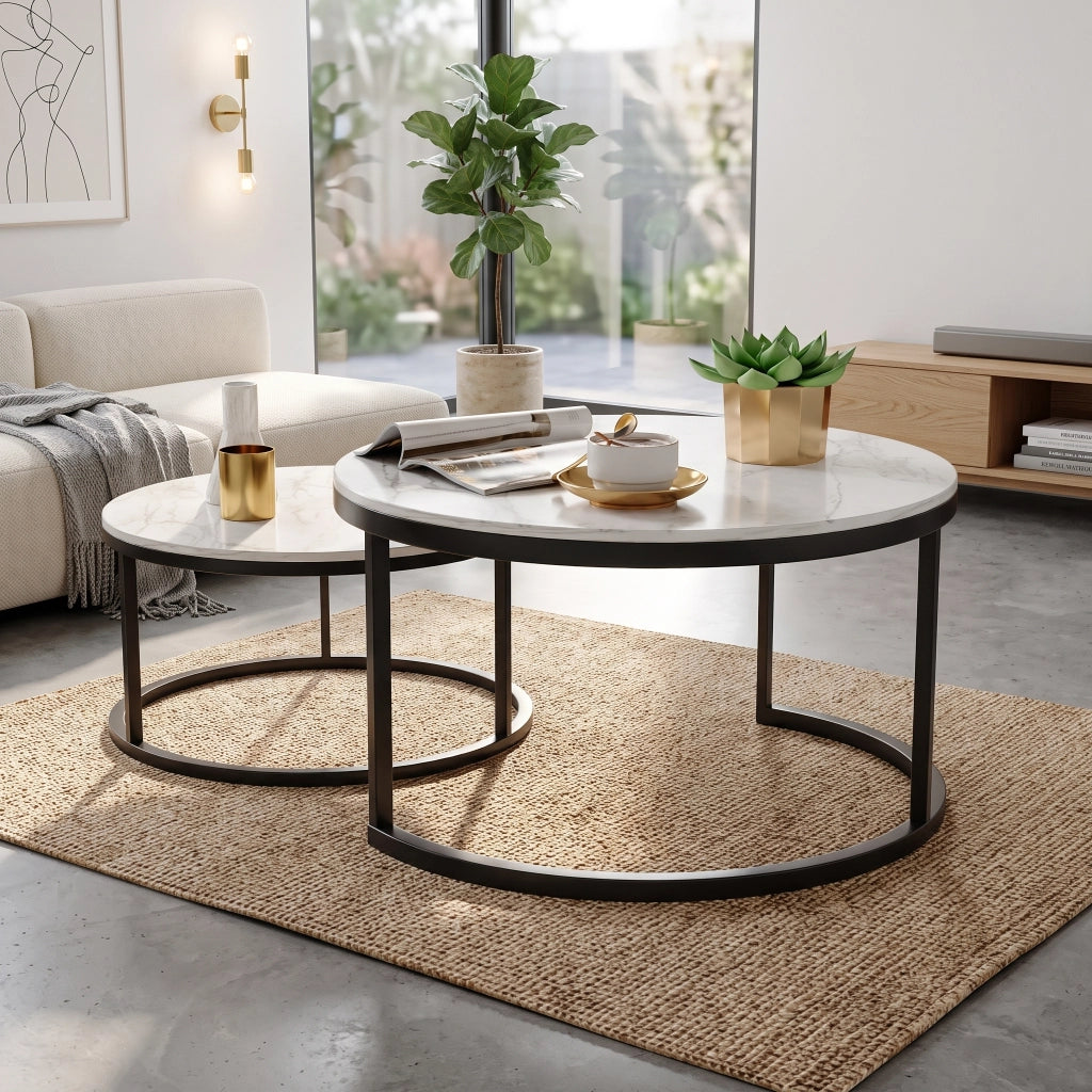 Tavolino salotto rotondo 80x80x45 cm set 2 pezzi tavolino da divano moderno effetto marmo bianco struttura in metallo - nero