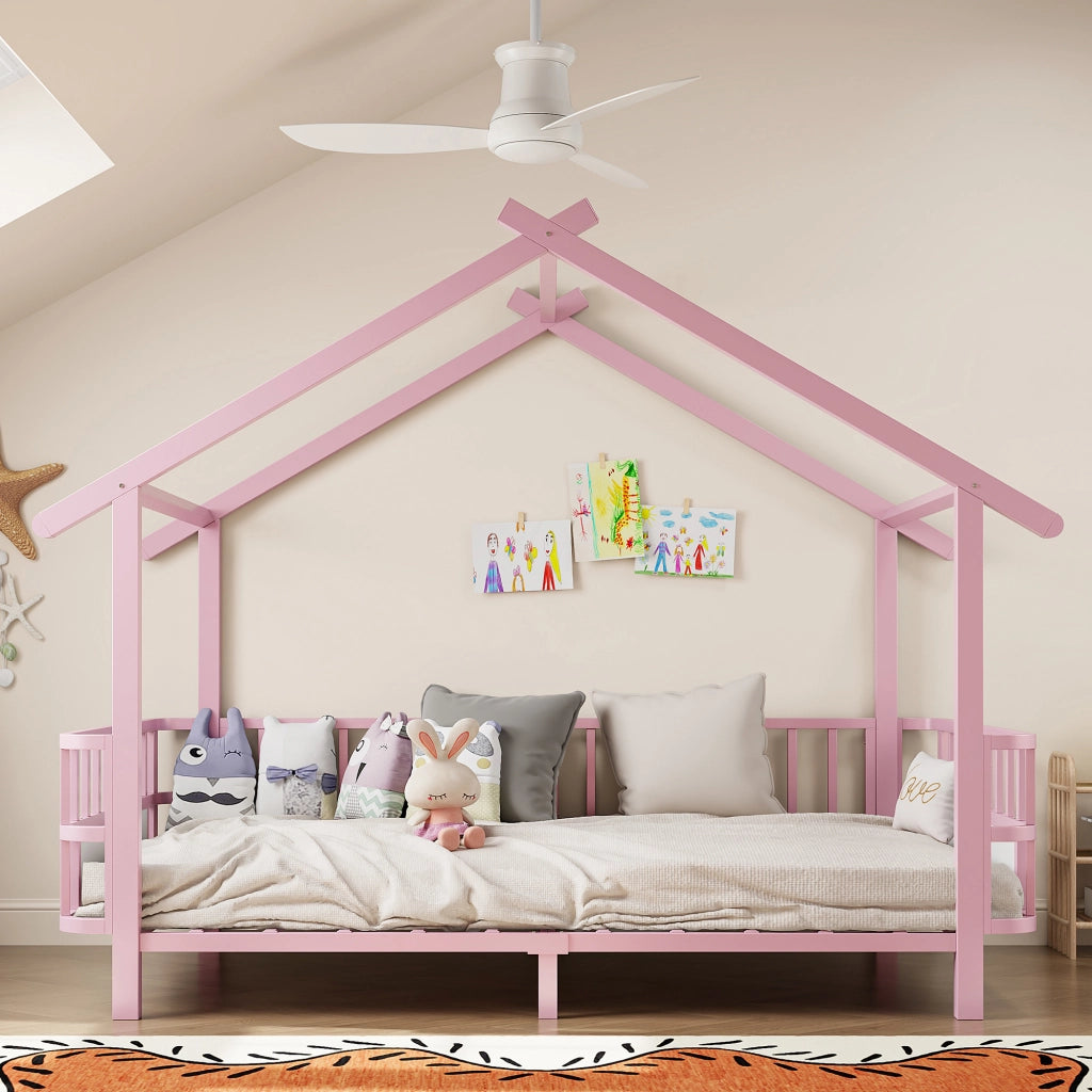 Letto casetta 90×200 cm; letto per bambini con barriera di sicurezza; struttura a tetto; senza materasso; metallo rosa