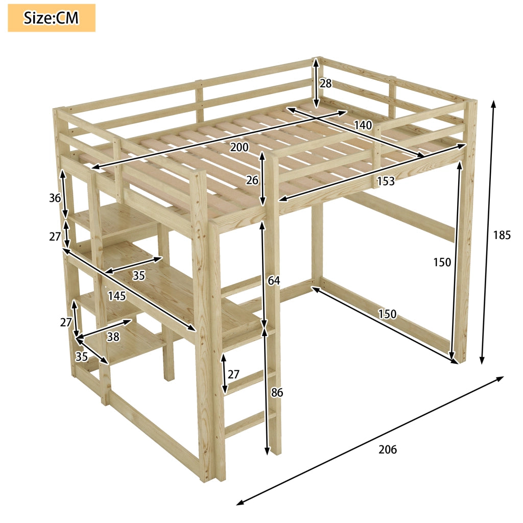 DESMIU Letto a soppalco matrimoniale con scrivania e 4 ripiani, 140 × 200 cm, senza materasso, pino naturale