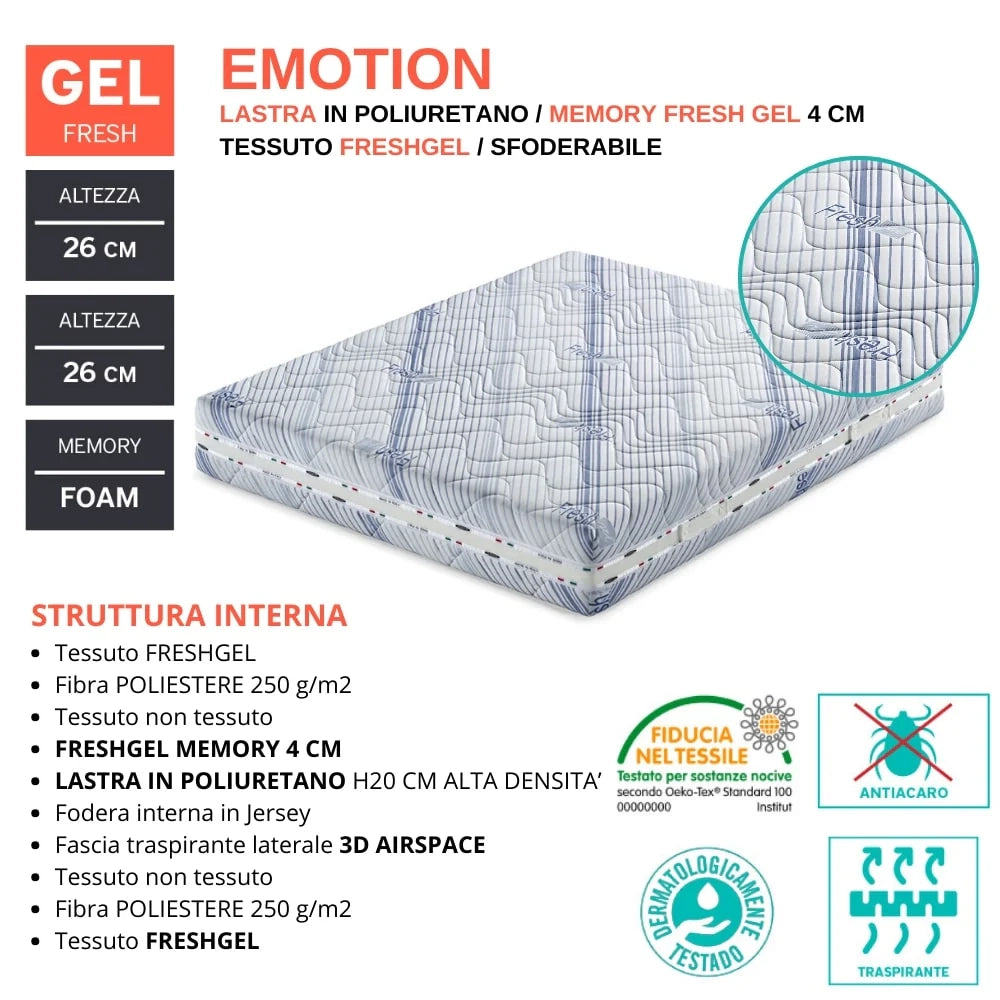 Materasso sfoderabile MADE IN ITALY EMOTION 160X190 con Memory Foam, rivestimento in tessuto antiacaro Fresh Gel e fascia traspirante laterale