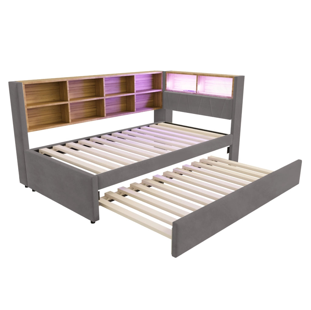 Divano letto multifunzione con letto estraibile 90x200 cm; LED; USB; Type-C; grigio scuro