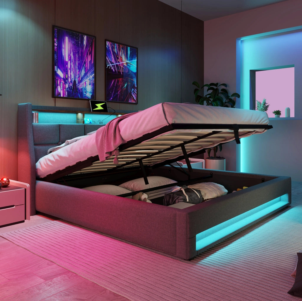 Letto imbottito 140x200 cm con LED, USB, vano contenitore e materasso incluso