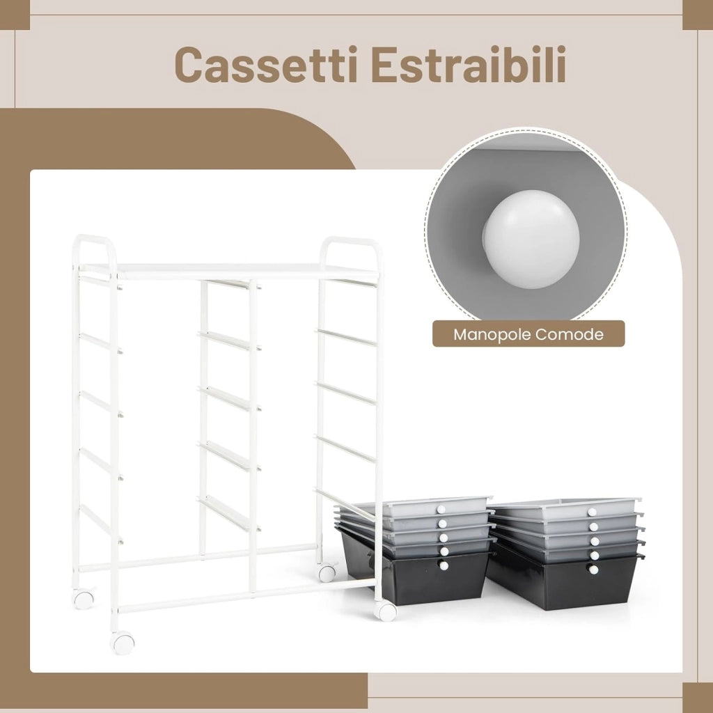Carrello a 10 Cassetti con Ruote, Carrello di Stoccaggio con Stabilità Elevata, Carrello Multiuso per Casa Ufficio e Scuola, 65,5 x 37 x 87 cm (Sfumatura nera 2)