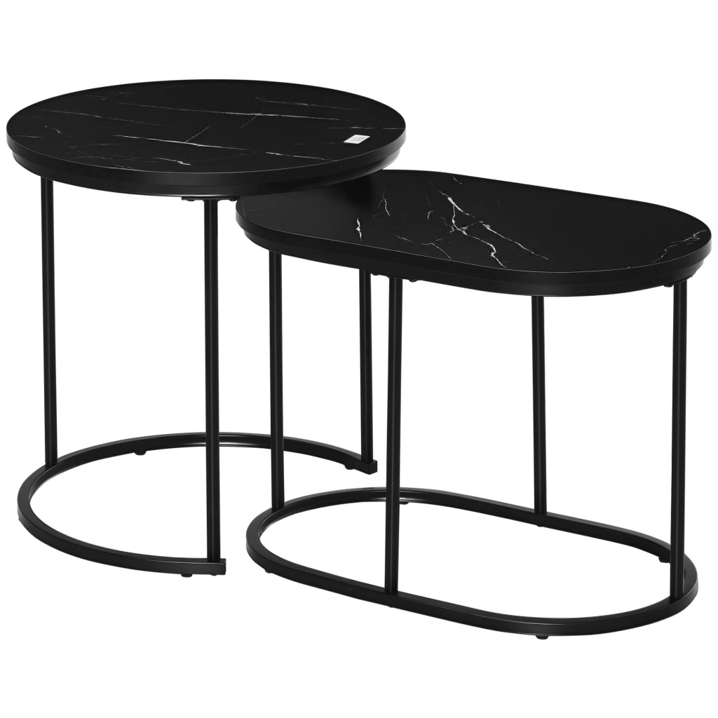 Set 2 tavolini da caff¨¨ ovali e rotondi, stapelbar, effetto marmo ¨C zephmum ¨C nero, MDF, metallo, ?50x50.5H