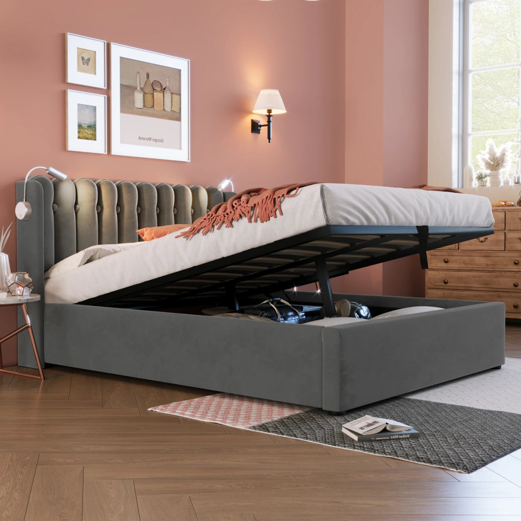 OKWISH Letto contenitore 160×200 cm, Letto Matrimoniale con USB, Lampada da Lettura e Testiera, senza Materasso, in Velluto, Grigio