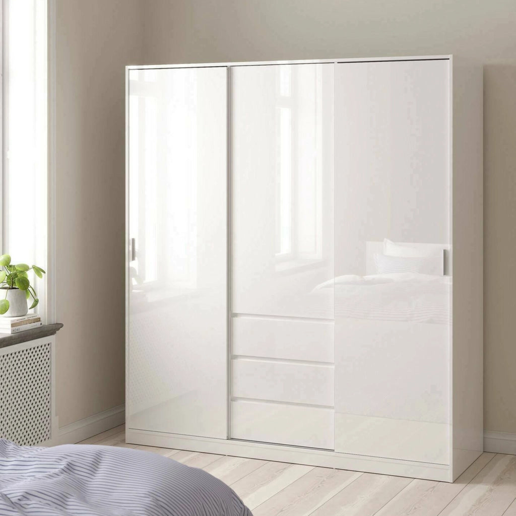 Guardaroba 3 ante Mathieu, Mobile camera da letto, Cabina armadio portabiti, Armadio appendiabiti, 177x60 h200 cm, Bianco lucido