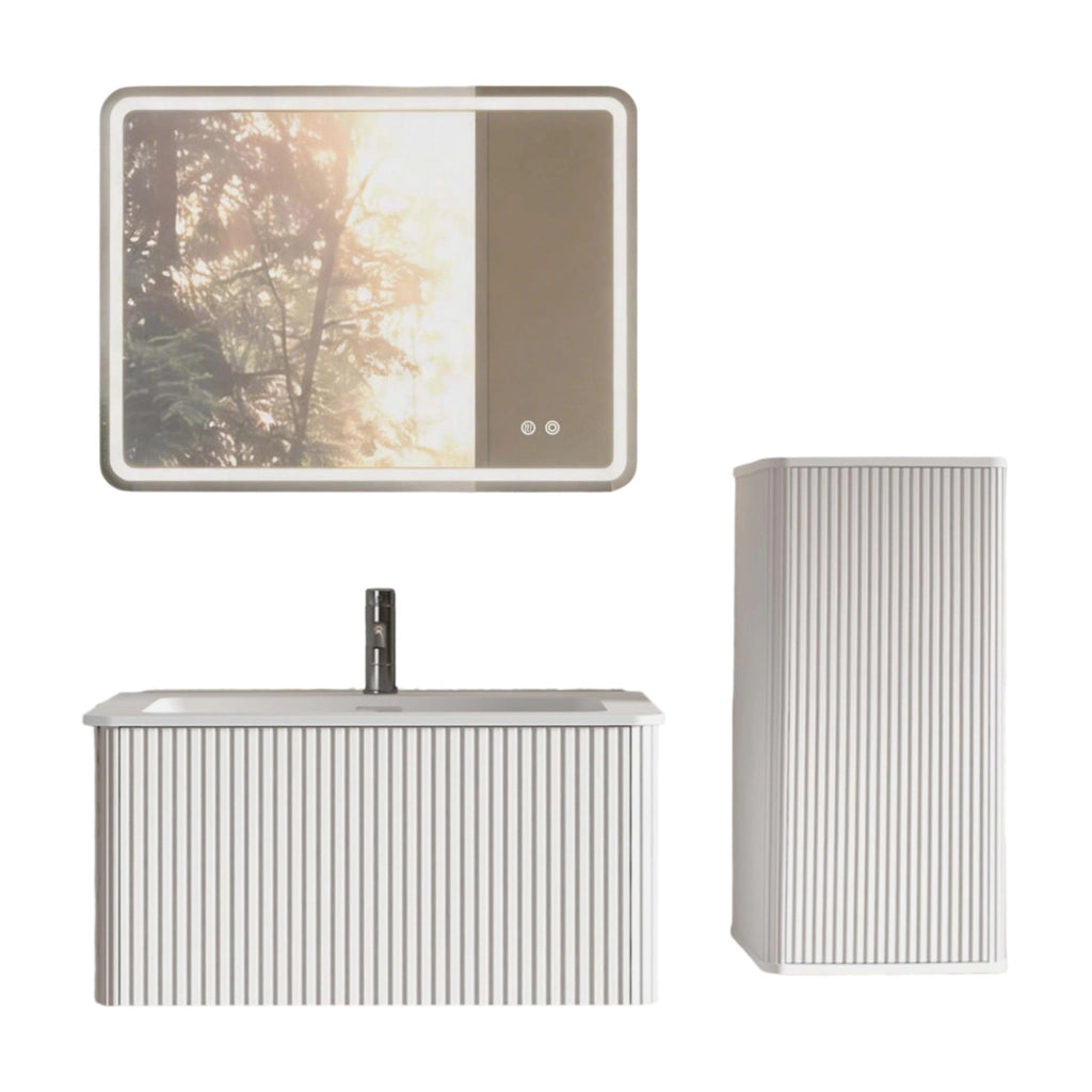 Set mobili da bagno con lavabo e specchio LED, mobile sospeso bianco in MDF