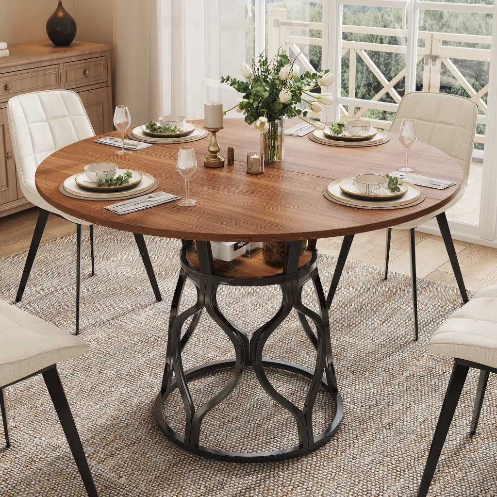 Tavolo da pranzo rotondo 100x100x75 cm, tavolo da cucina per 4-6 persone con vano contenitore integrato, piano in MDF effetto noce, struttura moderna