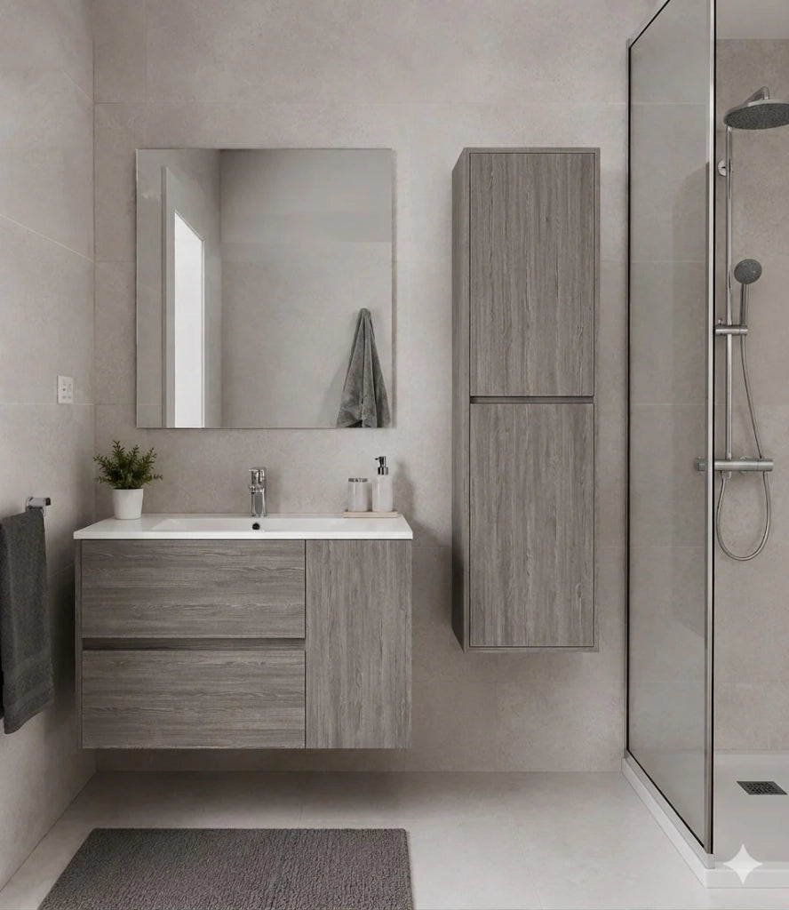 Mobile Bagno HEIMDALL Già Montato 2 cassetti e porta, lavabo e specchio Rovere affumicato 70x45 cm con colonna