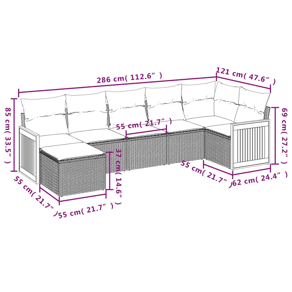 Set Divani da Giardino 7 pz con Cuscini Nero in Polyrattan 3227870