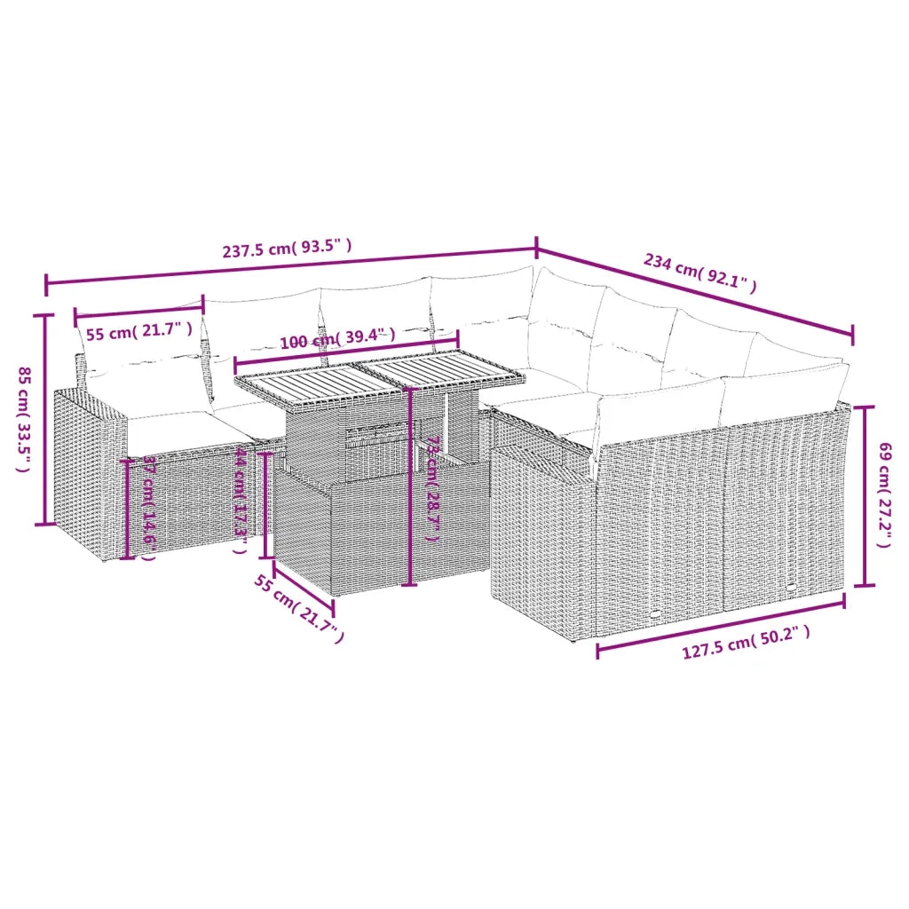 Set Divano da Giardino 9 pz con Cuscini Grigio in Polyrattan