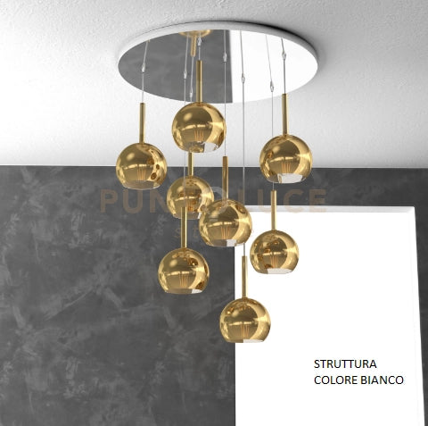 SOSP. BIANCO TONDA 8 LUCI VETRI TUTTI PICCOLO ORO 1155BI-S8 TP-OR
