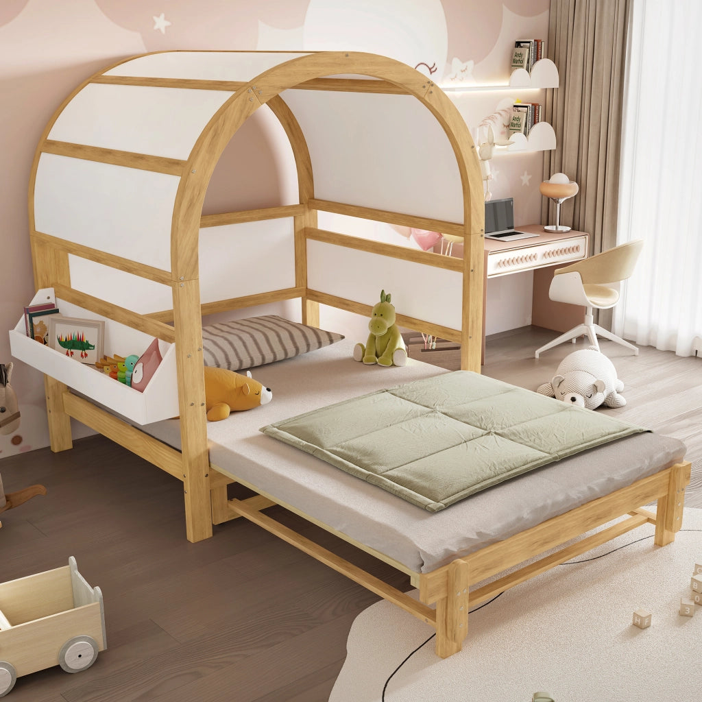 Letto a baldacchino estraibile legno massello e MDF bianco naturale 140x200 cm
