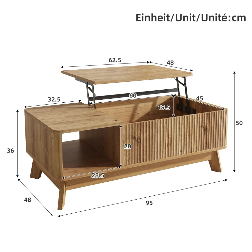 Tavolino da salotto con piano sollevabile 95x48x50 cm in MDF naturale; con vano portaoggetti