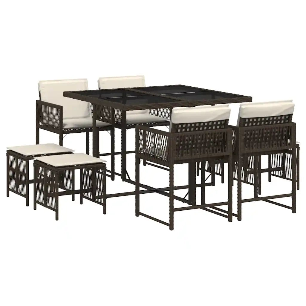 Set da Pranzo da Giardino 9pz con Cuscini Marrone in Polyrattan
