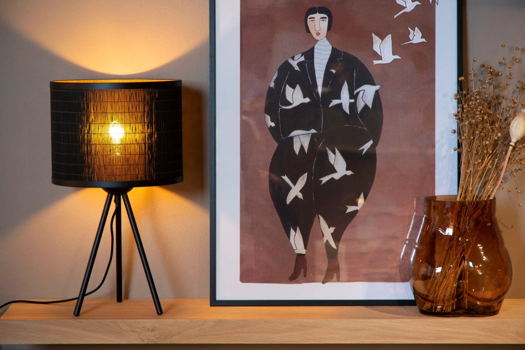 Lampada da tavolo nera paralume rattan E27 Tagalog Lucide