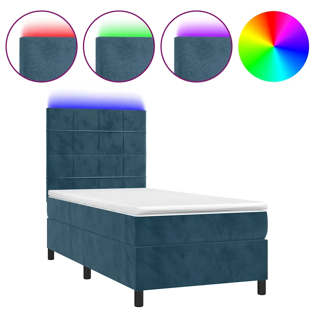 Letto singolo | Letto per adulti | Letto a Molle con Materasso e LED Blu Scuro 90x200cm in Velluto