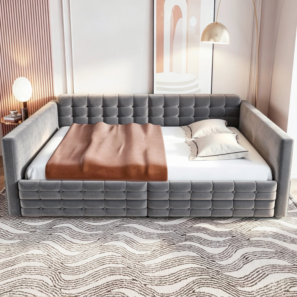 LETTO imbottito 140x190 cm grigio con cassetti e tasche laterali