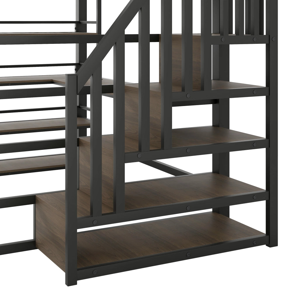Letto a soppalco 140x200 cm con scrivania; scala contenitore; stazione USB e illuminazione LED; metallo nero