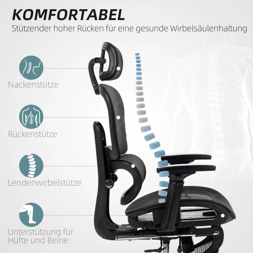 Sedia da Ufficio Ergonomica con Poggiatesta, Supporto Lombare, Poggiapiedi e Schienale Reclinabile, in Poliestere Nero