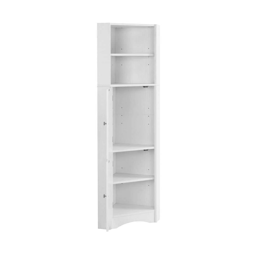 Mobile bagno angolare con ripiani aperti e anta decorata in truciolare bianco