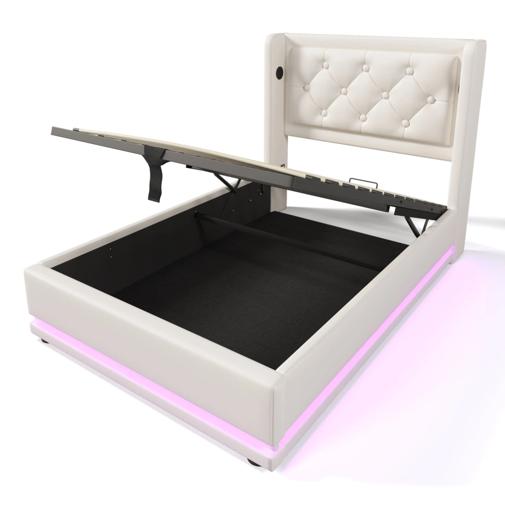 Letto imbottito 90x200 cm con materasso, contenitore e testiera con USB e LED
