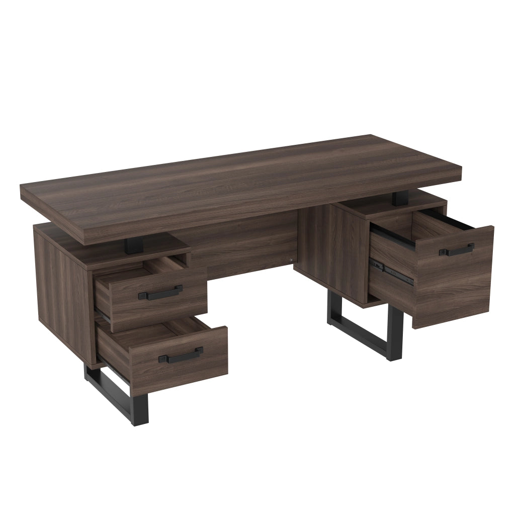 Scrivania lineare con 2 cassetti e vano portadocumenti; per ufficio; 135×54×76 cm; in MDF e metallo; marrone
