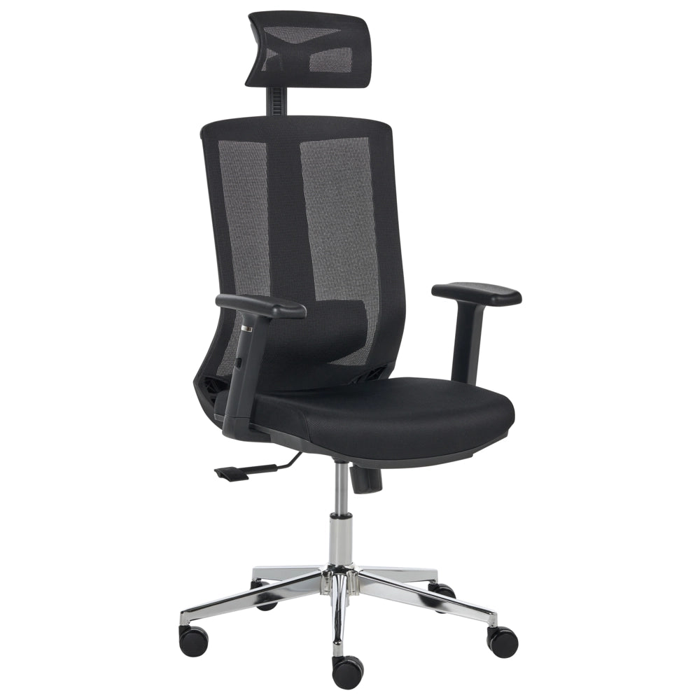 Sedia da ufficio in tessuto e rete nera, schienale e braccioli regolabili, design moderno, per l'ufficio domestico