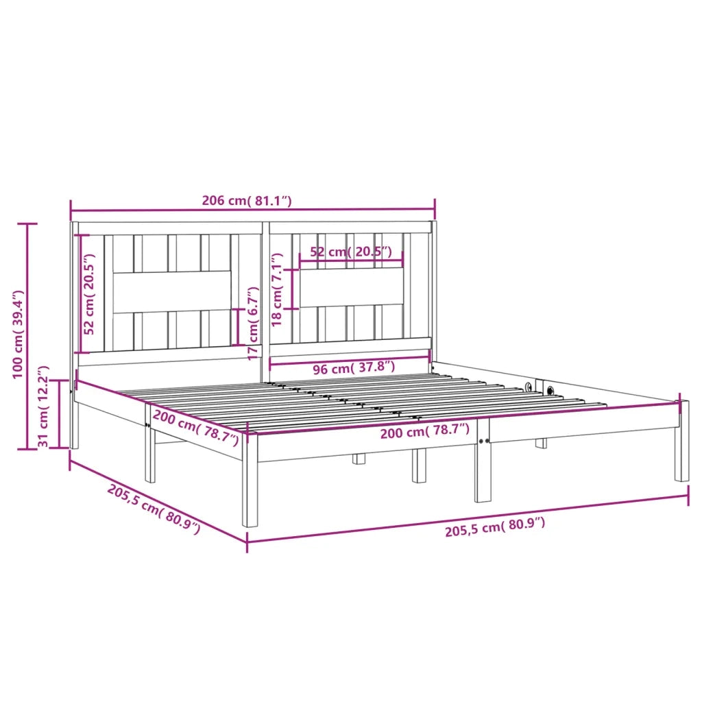 Letto matrimoniale | Letto per adulti | Giroletto Grigio in Legno Massello di Pino 200x200 cm
