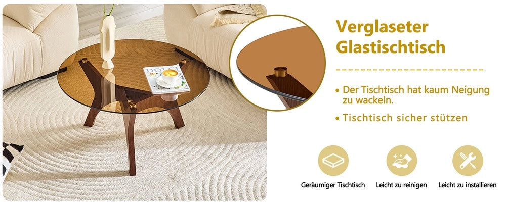 Tavolino da Caff¨¨ Rotondo ¨C MINIMAL ¨C Piano in Vetro Ambra, Struttura in Legno Marrone, 80cm