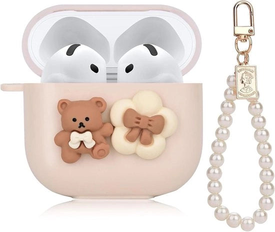 Casco per AirPods 4 con design di birra cartoon, fiori e perle, con catena e chiave