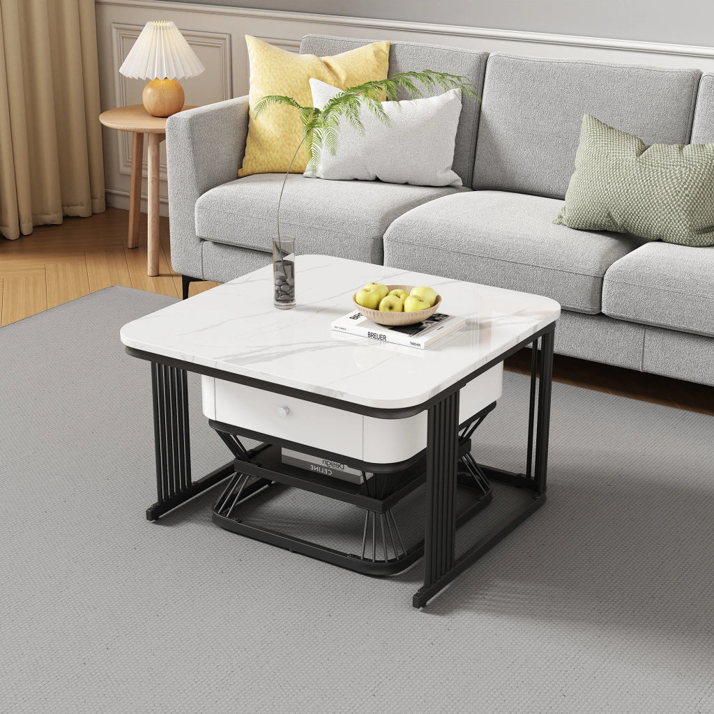 Set di 2 tavolini da salotto quadrati in effetto marmo lucido, bianco e nero, 70x70x45 cm + 50x50x40 cm, con 1 cassetto