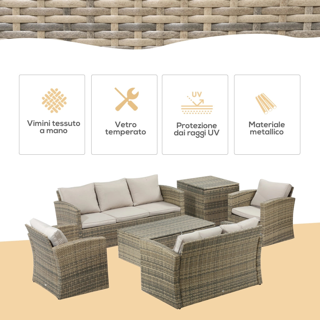 Set da Giardino 6 Pezzi in Polyrattan con Divani, Tavolino e Cuscini ¨C Minimal ¨C Beige