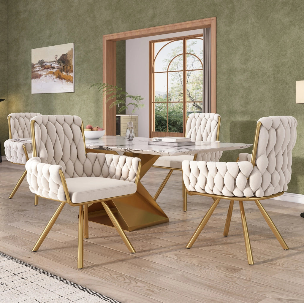 Set di 2 sedie da pranzo girevoli 360° in velluto beige con braccioli e schienale alto