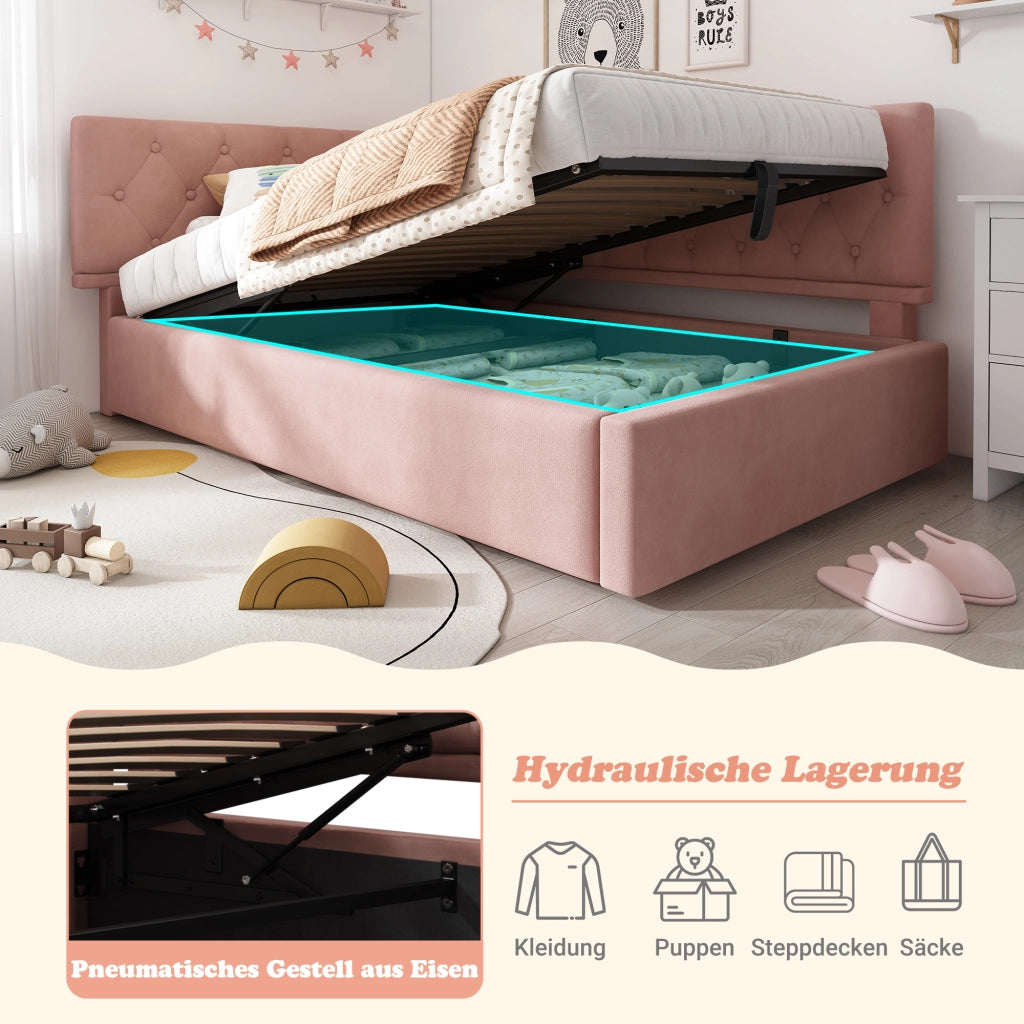 LETTO con contenitore 90x200 cm in velluto rosa