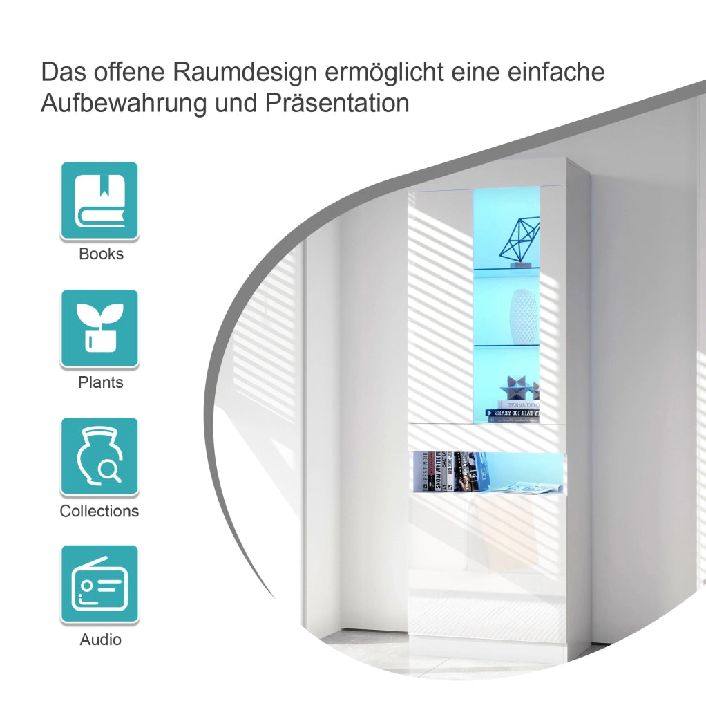 Vetrina moderna 50 x 40 x 180 cm bianca con LED USB; ante in finitura lucida e ripiani in vetro