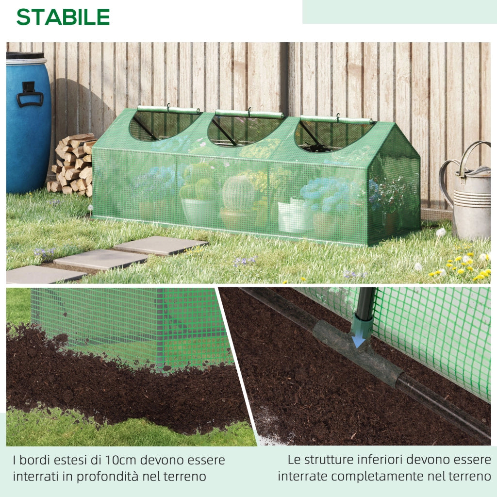 Mini Serra da Giardino con 3 Finestre Avvolgibili e Copertura PE Anti-UV. 180x60x60cm. Verde
