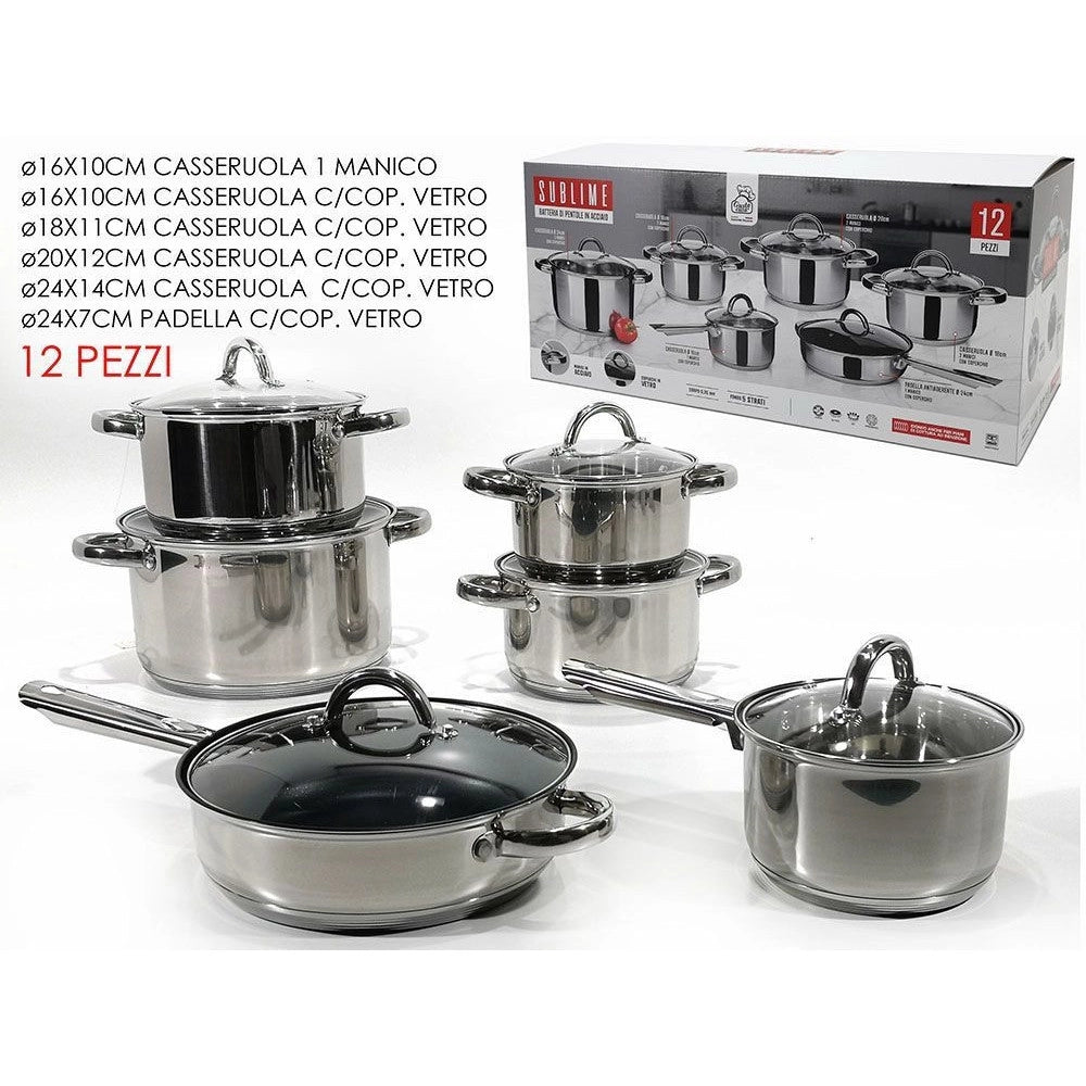 Trade Shop - Batteria Di Pentole 12pz In Acciaio Con Coperchi In Vetro Con Valvola Sfiato Fondo 5 Strati -