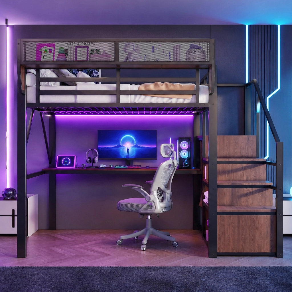 Letto a soppalco matrimoniale con striscia LED; scrivania da 200 cm; scala di sicurezza e scaffale flessibile 140 × 200 cm; senza materasso
