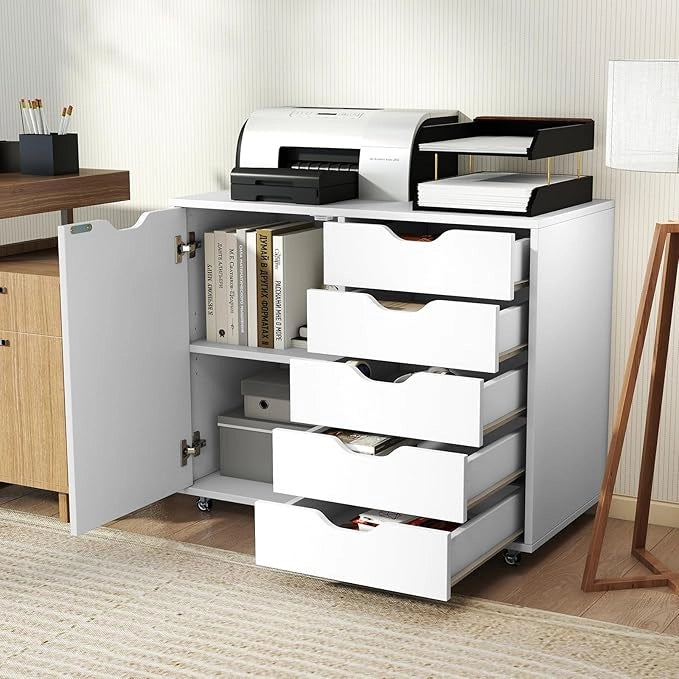 Mobiletto con 5 Cassetti e Anta, Cassettiera per Documenti con 5 Ruote e Ripiano Regolabile, per Soggiorno, Ufficio e Cucina, 79 x 40 x 65 cm (Bianco)