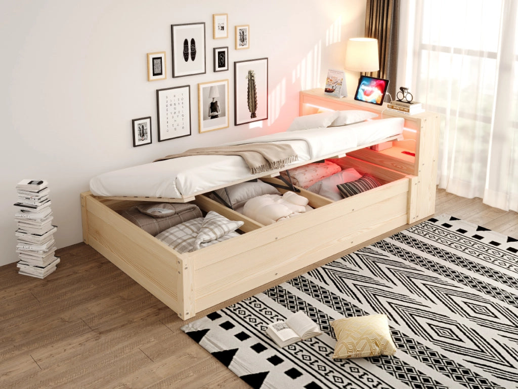 DESMIU Letto contenitore 90 × 200 cm 1 posto con presa, LED regolabile e vani, senza materasso, in MDF, legno