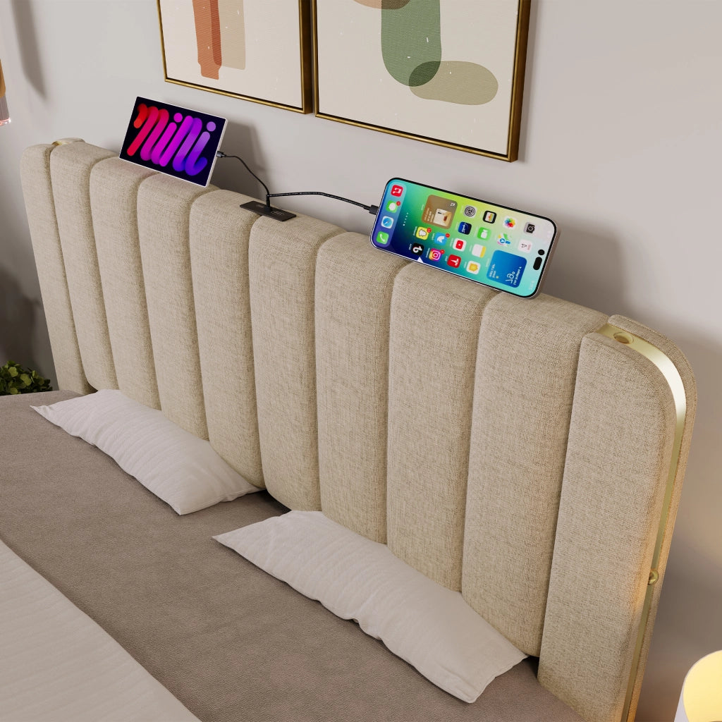 Letto contenitore matrimoniale 160×200 cm con 4 cassetti; USB Type-C e testiera imbottita; materasso incluso; beige