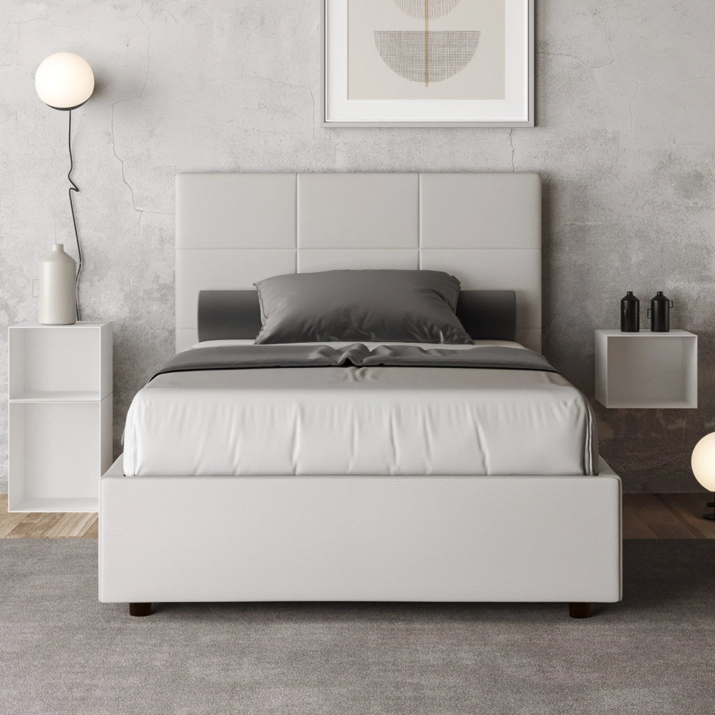 BS COM Letto una piazza e mezza contenitore imbottito 130x190 similpelle bianco