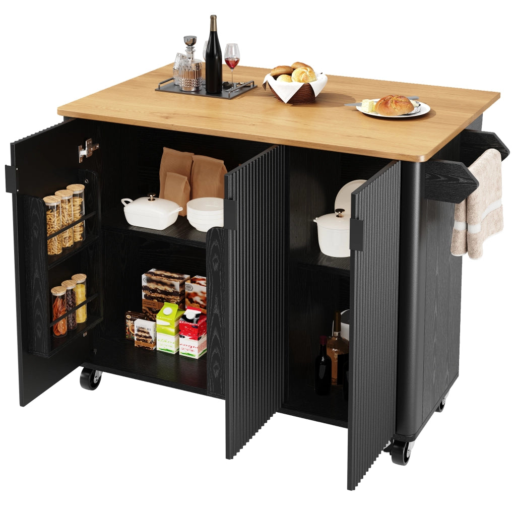 OKWISH Carrello da cucina con 3 ante, piano ribaltabile, ripiani regolabili, portaasciugamani e ruote, nero