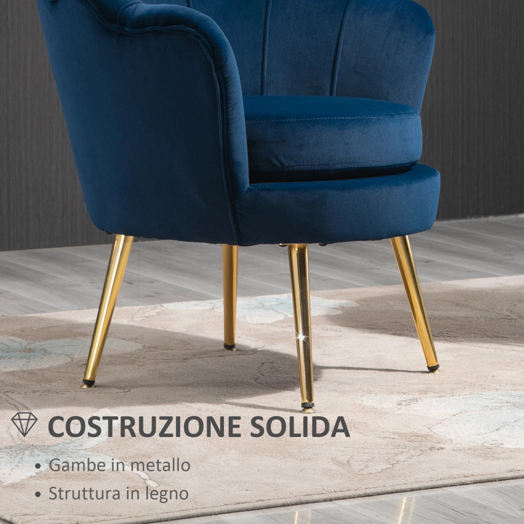 Poltrona a Conchiglia, Poltroncina Vintage, Poltroncina da Camera e Salotto, Design Elegante, con Schienale Alto, 76x67x74cm, Blu