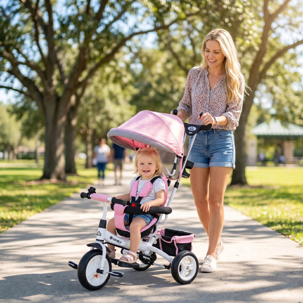Triciclo 6-in-1 con maniglia, tettuccio e cestino ¨C Xylo ¨C Rosa, 1-5 anni