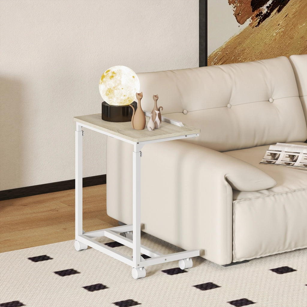 Tavolino da lavoro regolabile con piano inclinabile e ruote ¨C zephmum ¨C bianco e rovere 55x36x62.5-82.5 cm