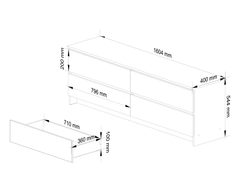 Cassettiera AKORD K160 Bianca 160 cm 4 cassetti 160x40x55 cm Quercia Artigiana