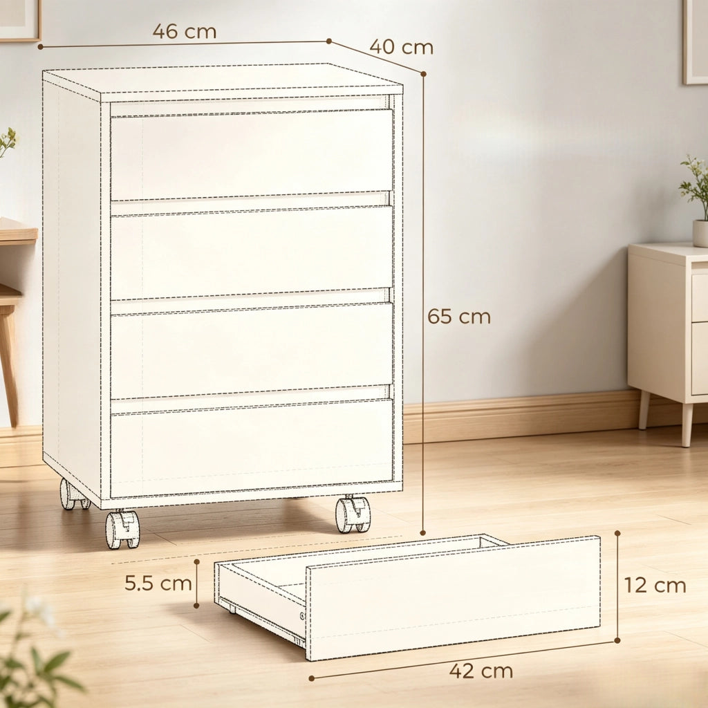 Mobile contenitore da scrivania su ruote, contenitore con ruote e 4 cassetti, contenitore da scrivania con finitura in legno, contenitore ufficio mobi